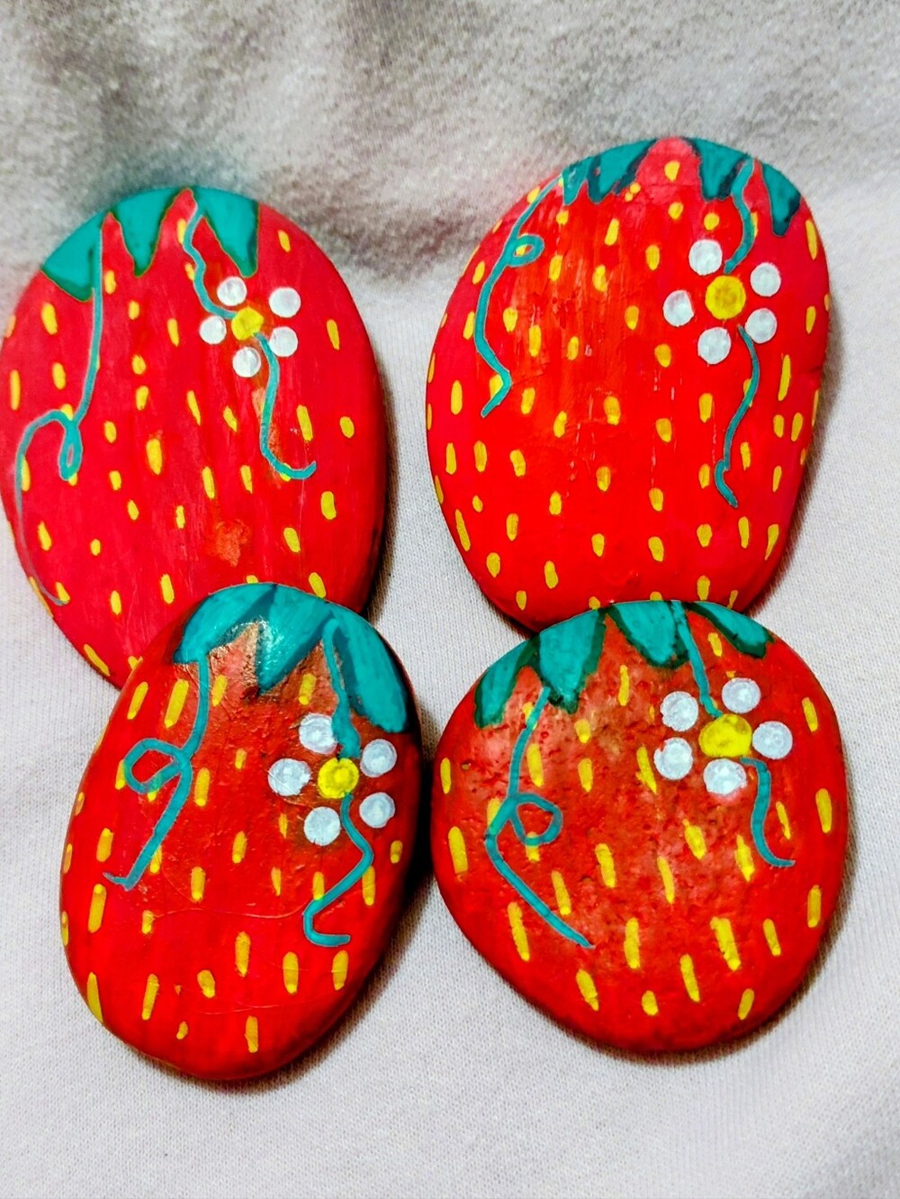 4 Hand Painted  Strawberry Rocks      Largest One 3.5"×2.5" Cute In Flowet Pots